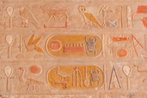 Egyptische reliëfs met vogels, dieren en hiërogliefen in okerkleur